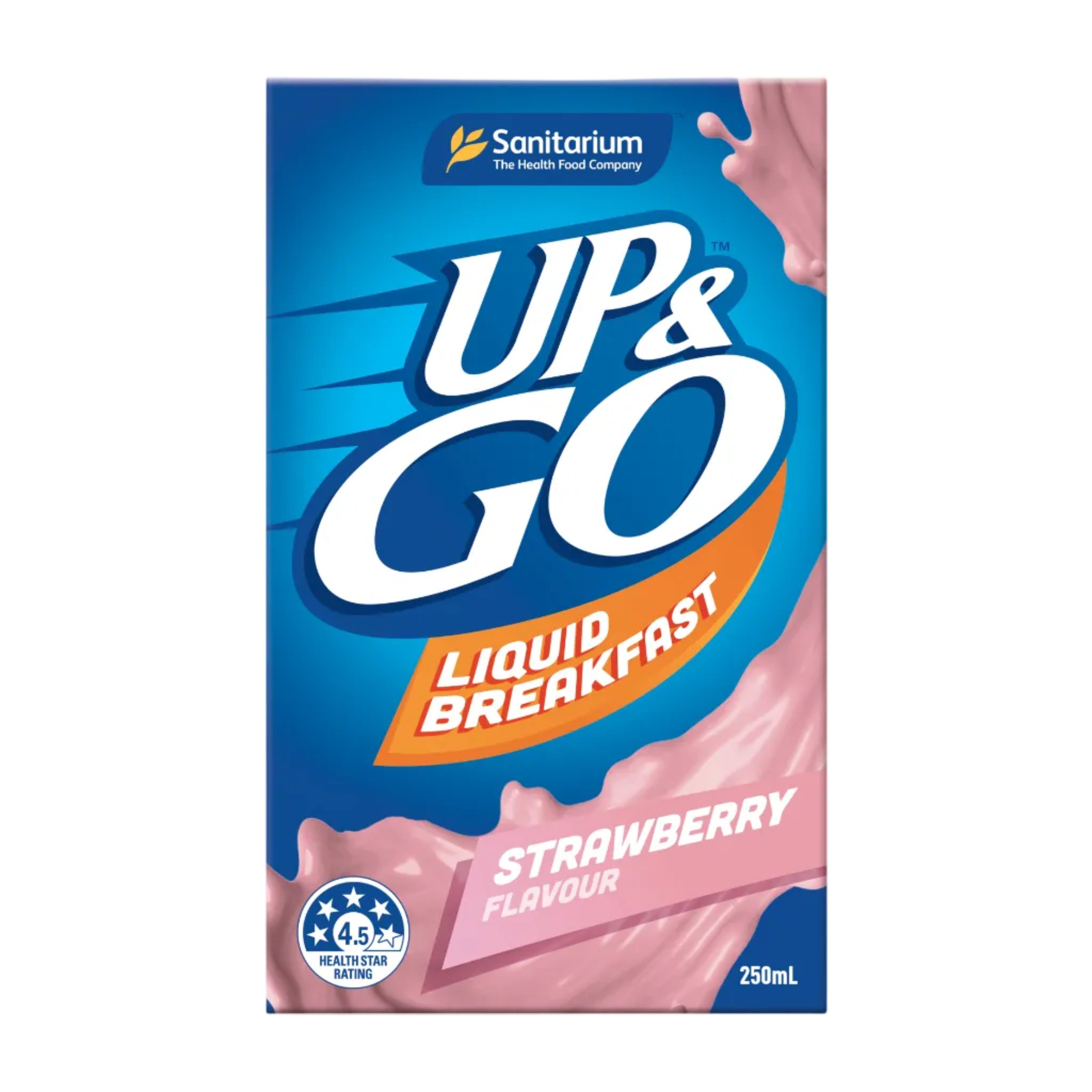 Sanitarium UP&GO Strawberry Liquid Breakfast packaging on a white background