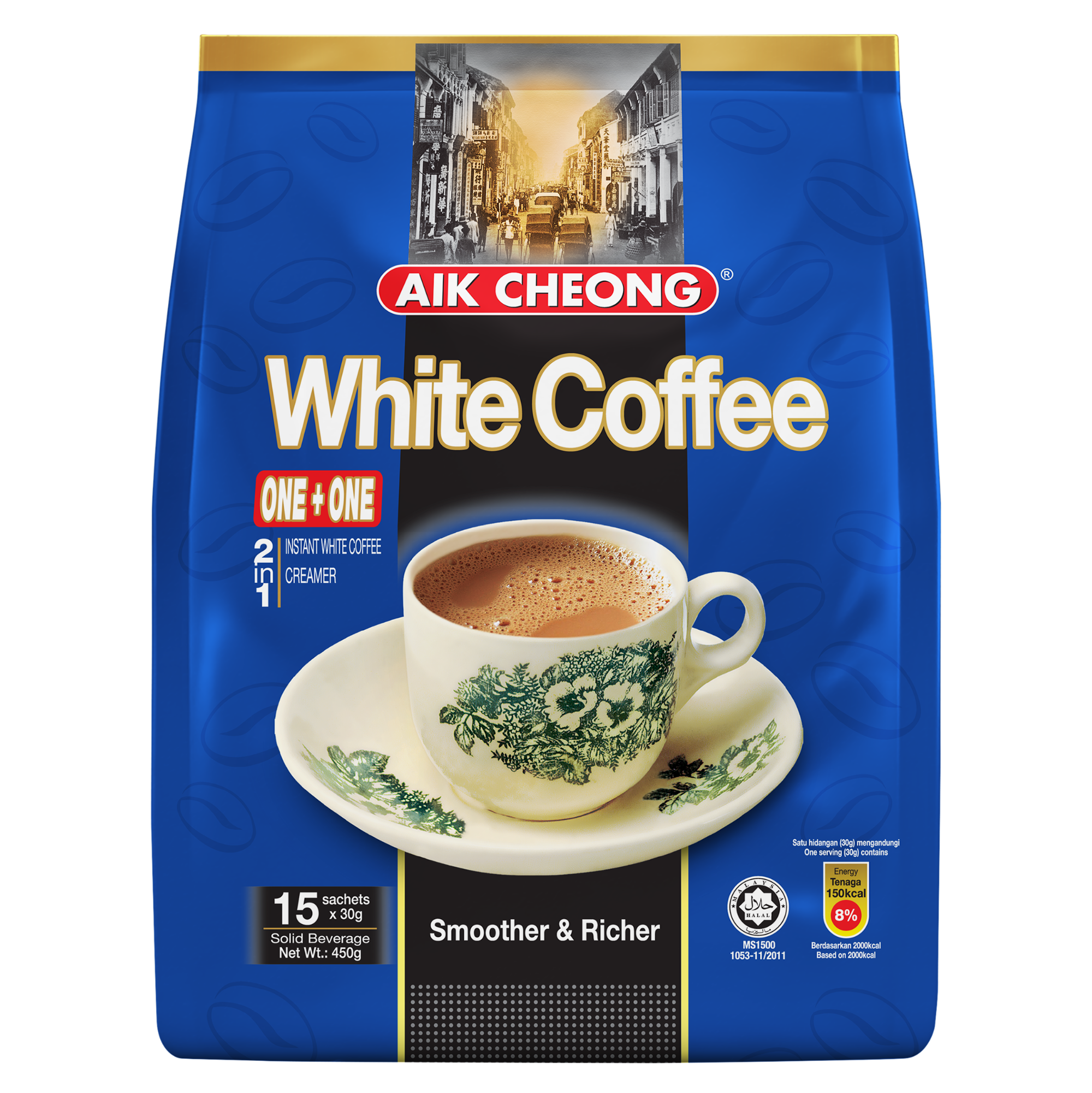 A package of AIK CHEONG White Coffee, showing a cup of white coffee on the front, with text indicating 'Smoother & Richer' and a weight of 450g.
