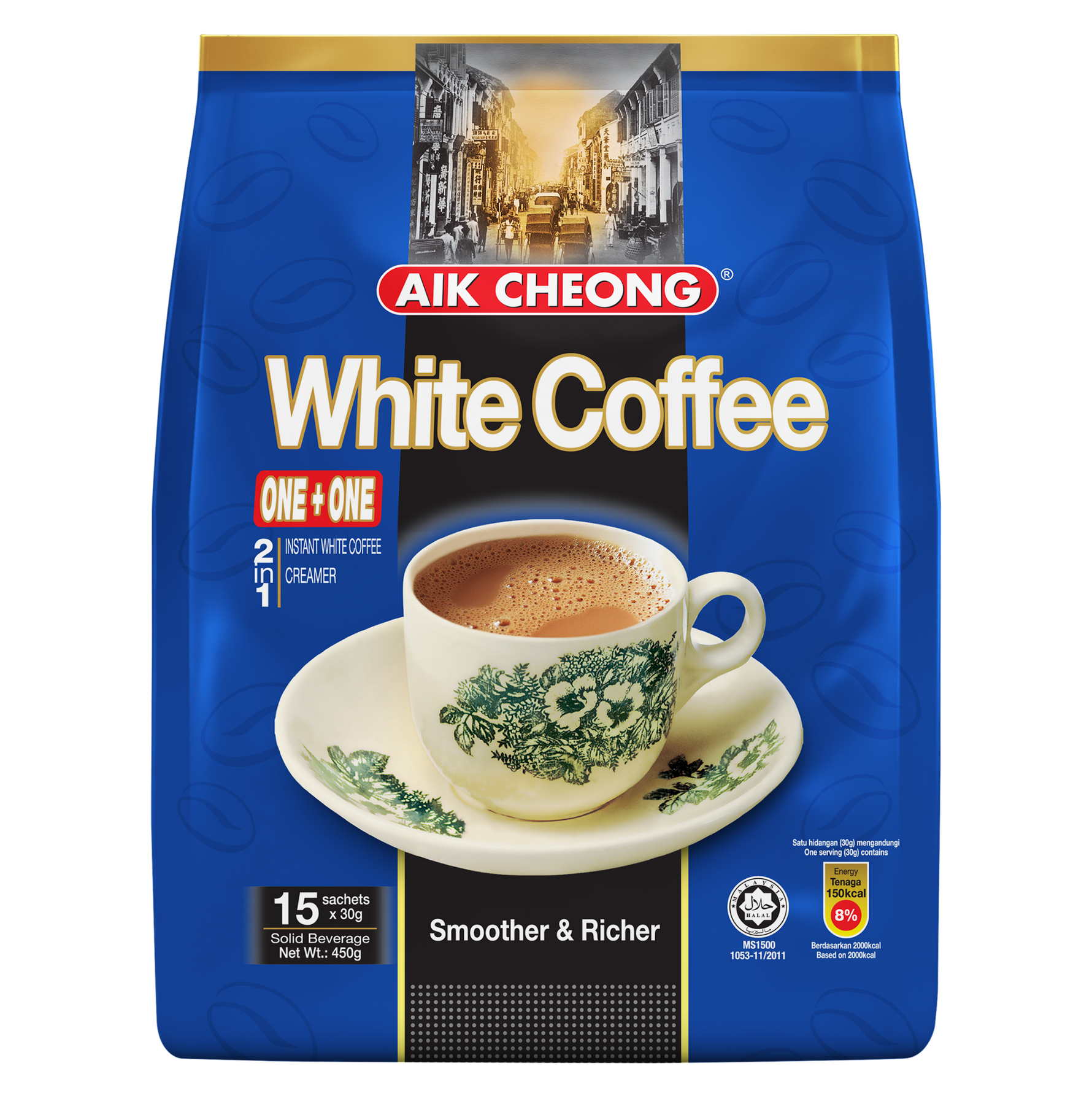 A package of AIK CHEONG White Coffee, showing a cup of white coffee on the front, with text indicating 'Smoother & Richer' and a weight of 450g.