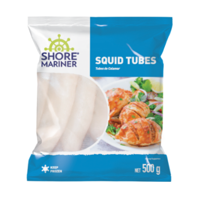 Shore Mariner squid tubes packaging with product image and branding.