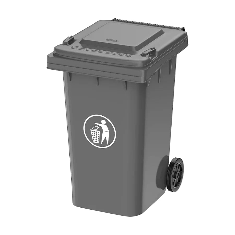 Gray trash bin with a lid and wheels on a white background