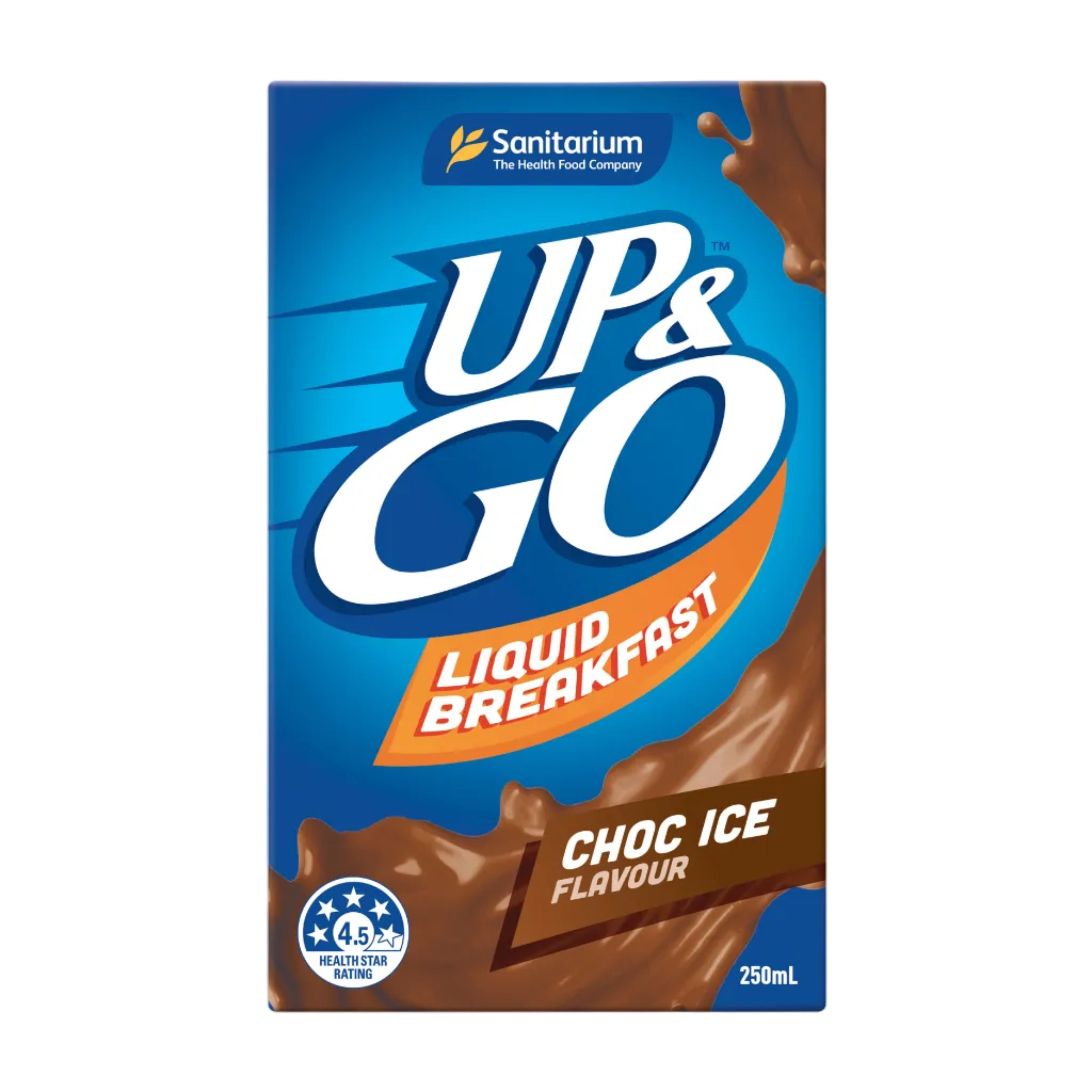 Up&Go Choc Ice flavour liquid breakfast packaging on a white background