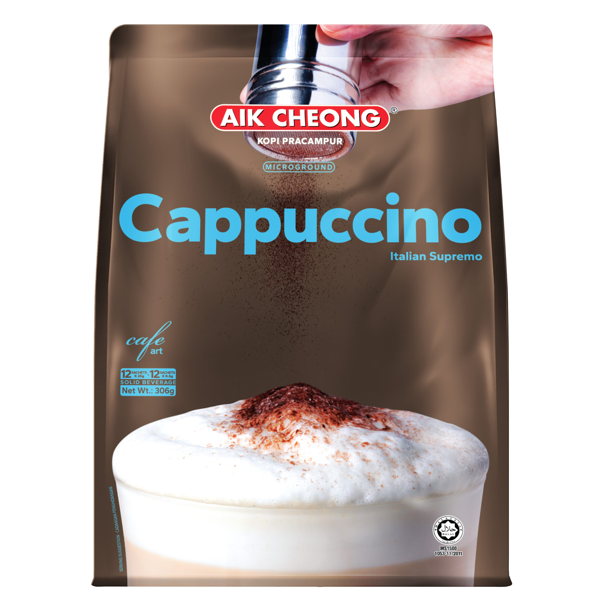 A pack of AIK Cheong White Cappuccino with a picture of a cup of cappuccino on the front.