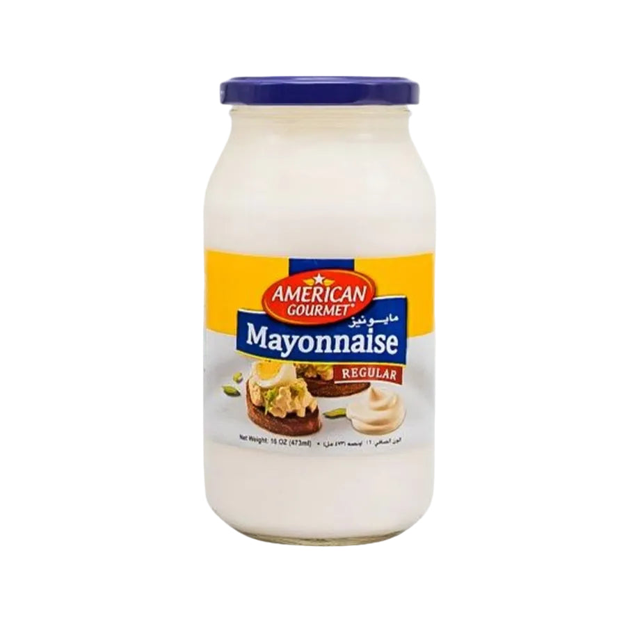 A jar of American Gourmet regular mayonnaise, 16oz size, with a creamy white label and blue lid.
