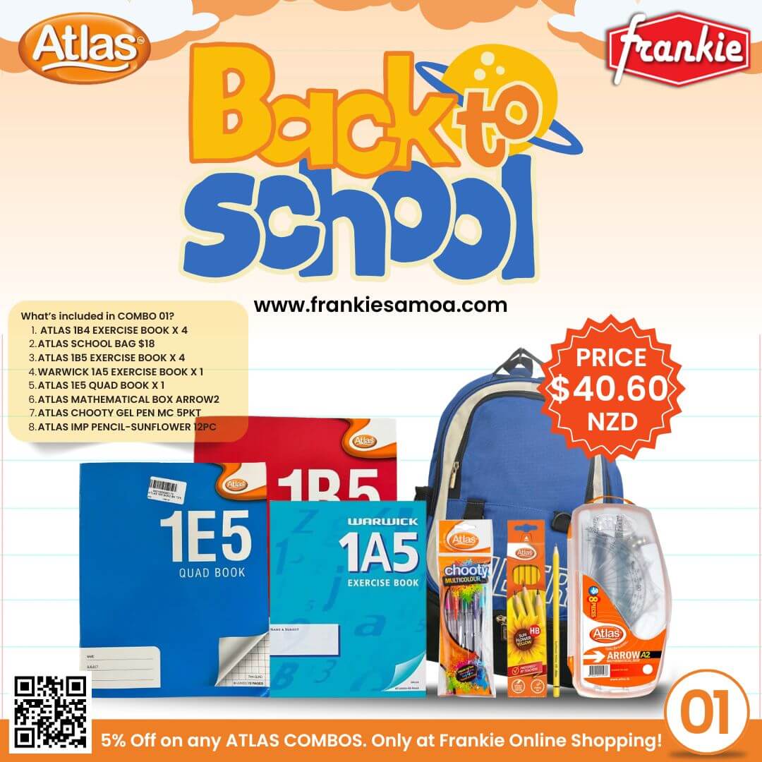 BACK2SCHOOL COMBO 01 - 1B4 EXERCISE BOOK X 4PCS | SCHOOL BAG $18 | 1B5 EXERCISE BOOK X 4PCS | 1A5 EXERCISE BOOK X 1PCS | 1E5 QUAD BOOK X 1PCS | ATLAS MATHEMATICAL BOX ARROW1 | ATLAS CHOOTY GEL PEN MC 5PKT | ATLAS IMP PENCIL 12PC