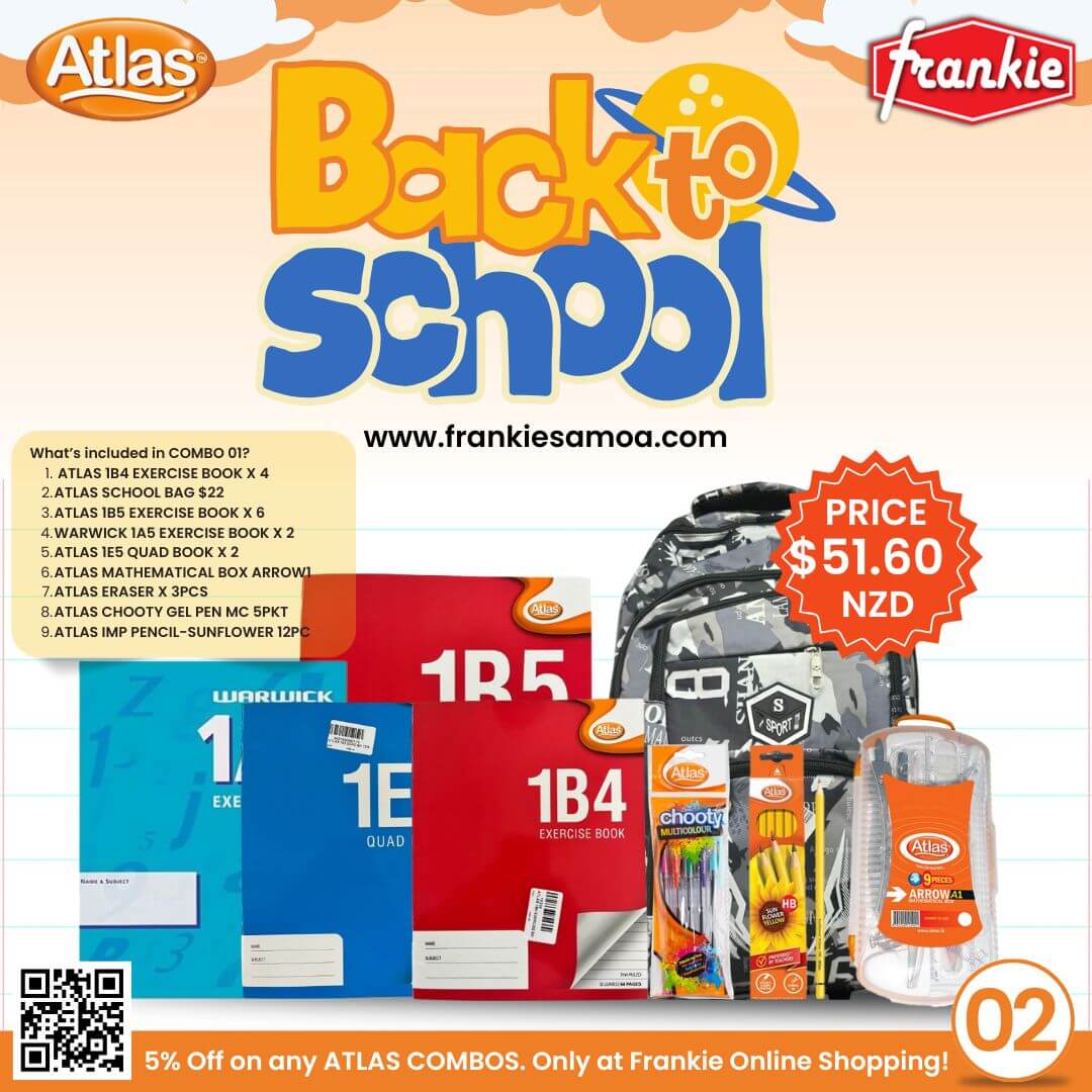 BACK2SCHOOL COMBO 02 - 1B4 EXERCISE BOOK X 4PCS | SCHOOL BAG $18 | 1B5 EXERCISE BOOK X 4PCS | 1A5 EXERCISE BOOK X 1PCS | 1E5 QUAD BOOK X 1PCS | ATLAS MATHEMATICAL BOX ARROW1 | ATLAS CHOOTY GEL PEN MC 5PKT | ATLAS IMP PENCIL 12PC