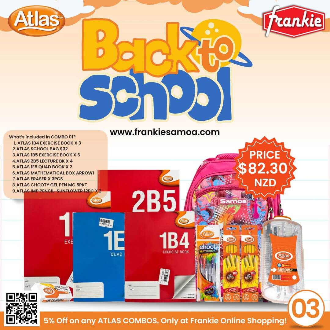BACK2SCHOOL COMBO 03 - 1B4 EXERCISE BOOK X 3PCS | SCHOOL BAG $32 | 1B5 EXERCISE BOOK X 6PCS | 2B5 LECTURE BOOK X 4PCS | ERASER $0.3 X 3PCS | 1E5 QUAD BOOK X 2PCS | ATLAS MATHEMATICAL BOX ARROW2 | ATLAS CHOOTY PEN MC 5PKT | ATLAS PENCIL 12PC X 2PCS
