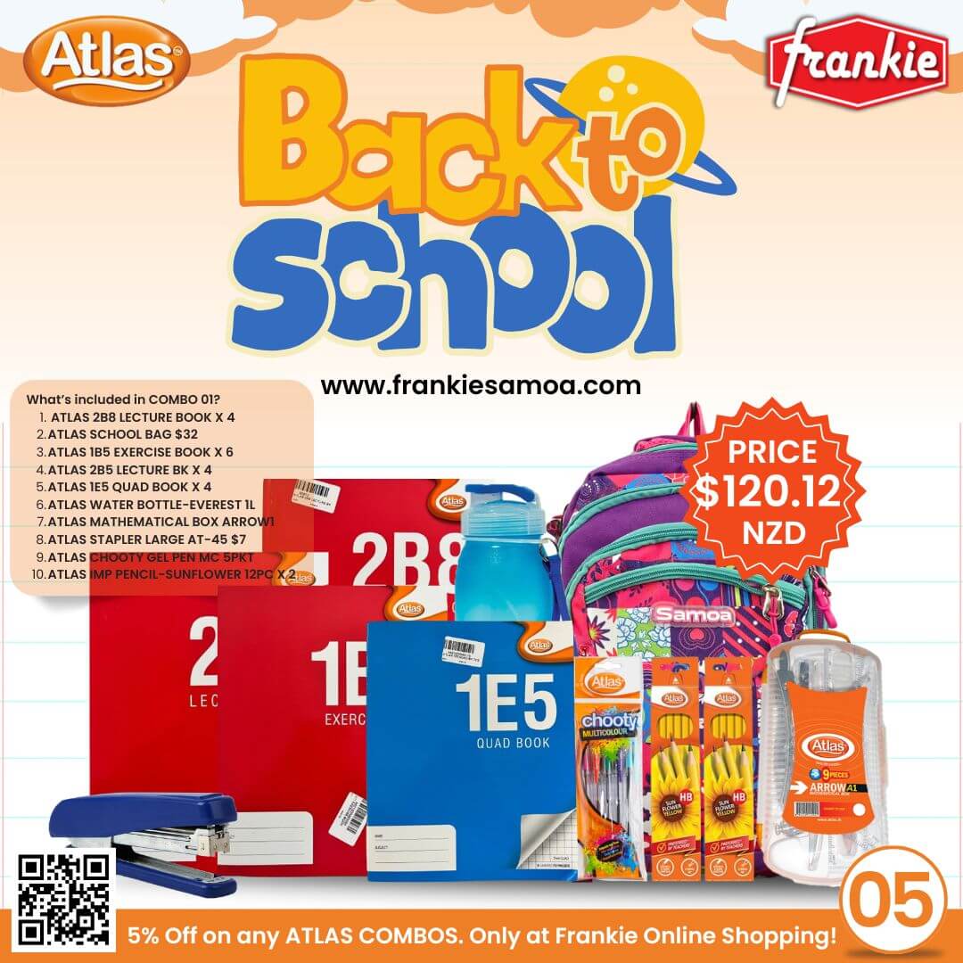 BACK2SCHOOL COMBO 05 - 2B8 LECTURE BOOK X 4PCS | SCHOOL BAG $32 | 1B5 EXERCISE BOOK X 6PCS | 2B5 LECTURE BOOK X 4PCS | STAPLER $7 | 1E5 QUAD BOOK X 4PCS | WATER BOTTLE 1L $9 | ATLAS MATH BOX ARROW2 | ATLAS CHOOTY PEN 5PKT | ATLAS PENCIL 12PC X 2PCS