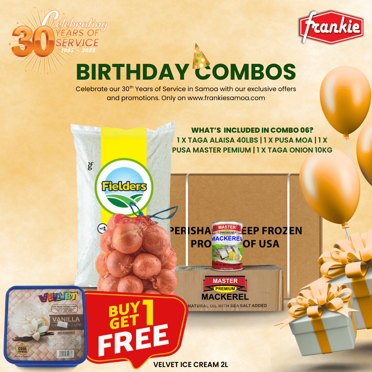 30th Birthday Combo 06 - 1 Rice 40lbs + 1 Chicken Leg Quarter 15kg + Onion 10kg + 1 Master Premium Mack Natural Oil 425g x 8 + Free Velvet Ice Cream 2L