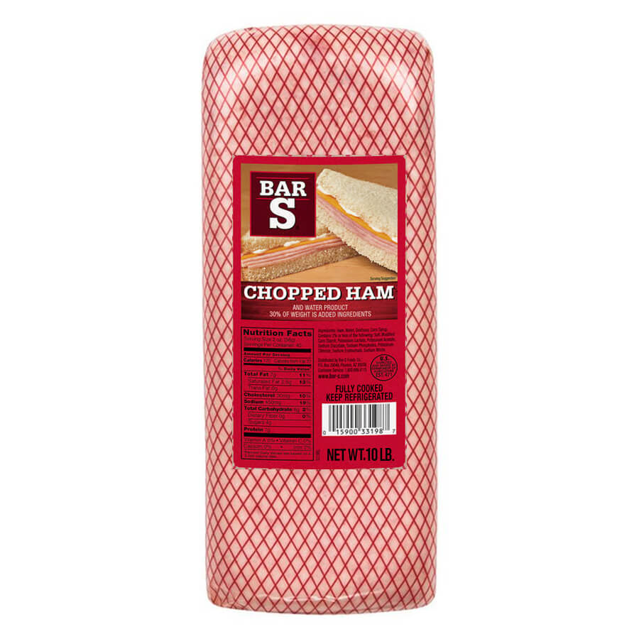 Packaged chopped ham with Bar S label on a white background