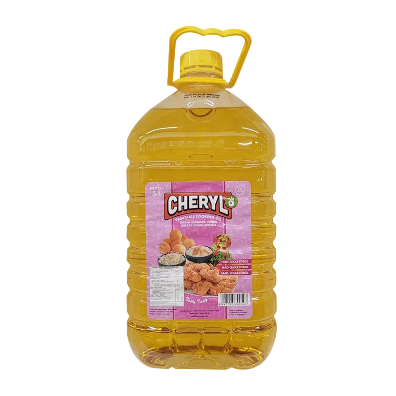 Large bottle of Cheryl cooking oil with a yellow label on a white background