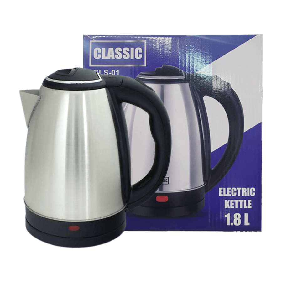 A silver electric kettle with a black handle and base, displayed next to its packaging box which is also shown.