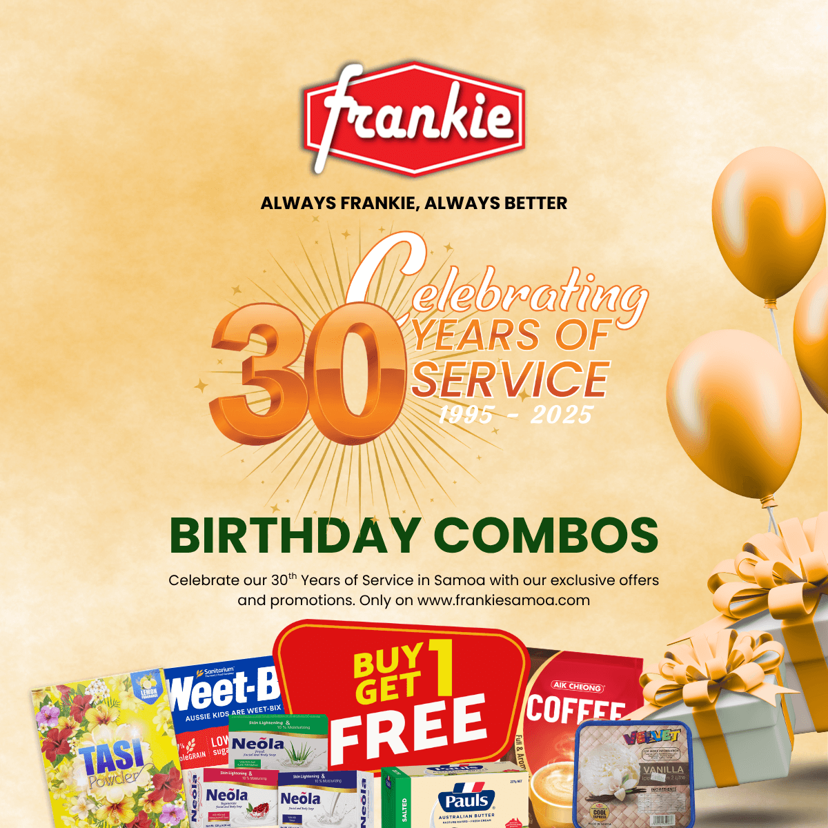 30th Birthday Combo 02 - 1 Rice 40lbs + 1 Chicken Leg Quarter 15kg + 1 LLL Instant Noodle 65g(24) + 1  Master Prem Mackerel 425g(8) + 6 Julies P/Crackers 200g + 2 Large Egg Dozens + Free Pauls Aus Butter 227g