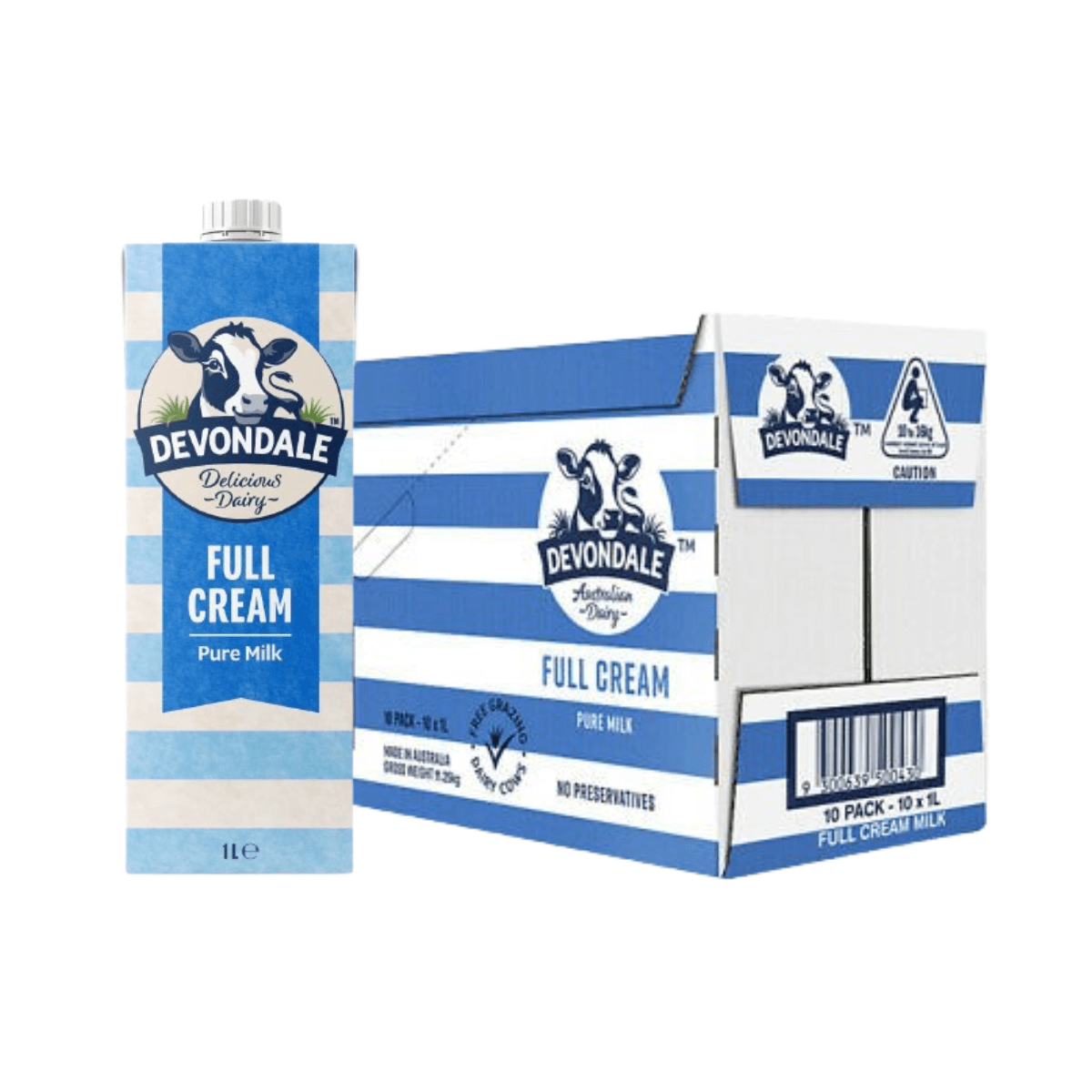 Devondale full cream milk carton and box on a white background