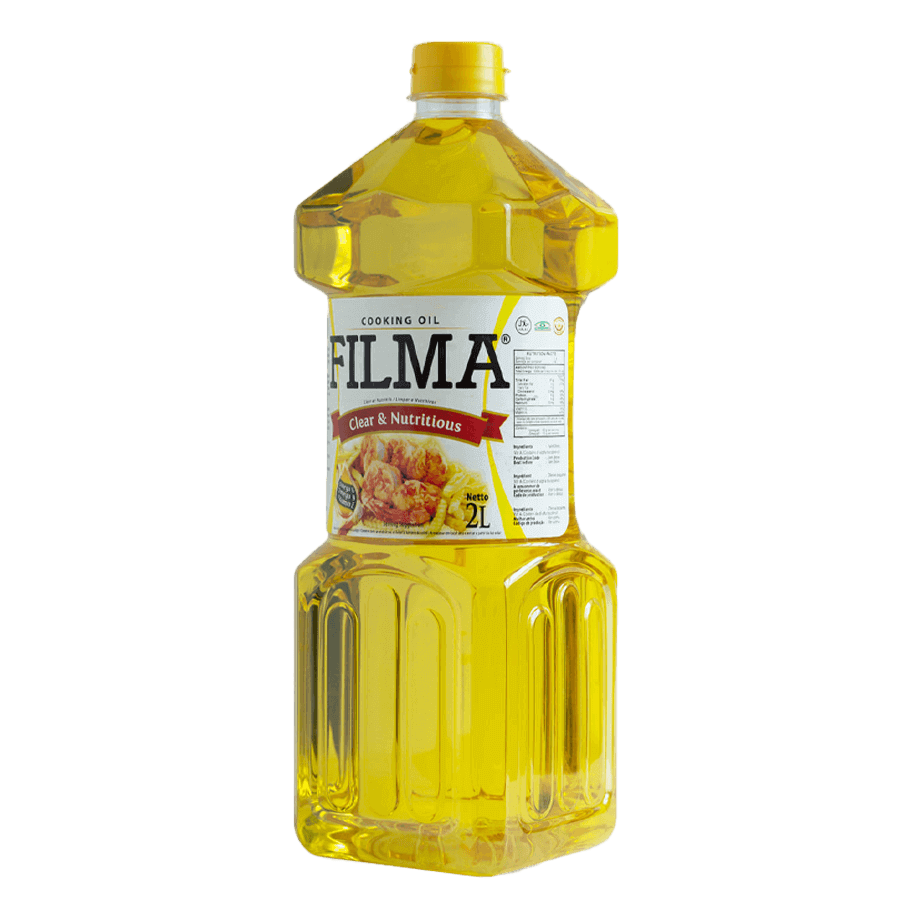 A 2-liter bottle of Filma Cooking Oil with a yellow label, clearly showing the brand name and product type.