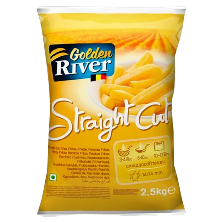 Packaging of Golden River Straight Cut French Fries featuring the product name and image of the fries, with a weight indication of 2.5kg.