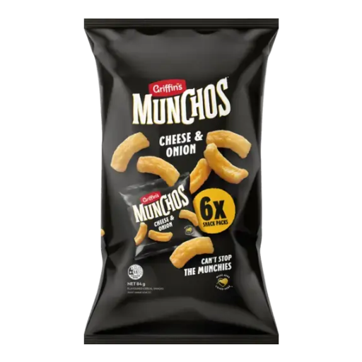Black packaging of Griffin's Munchos Cheese & Onion flavor with visible text and graphics.