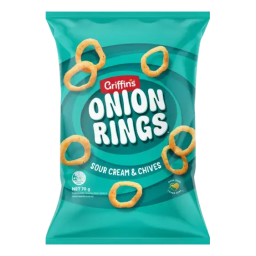 Packaging of Griffins Onion Rings Sour Cream & Chives flavor on a white background