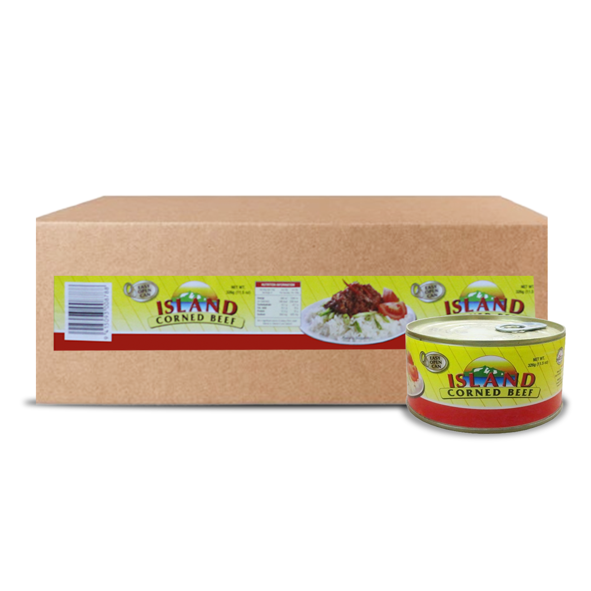 A cardboard box containing twelve cans of Island Corned Beef, with a single can displayed in front.