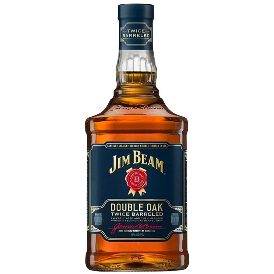 A bottle of Jim Beam Double Oak Whiskey with a blue label, indicating it is a 1L bottle.