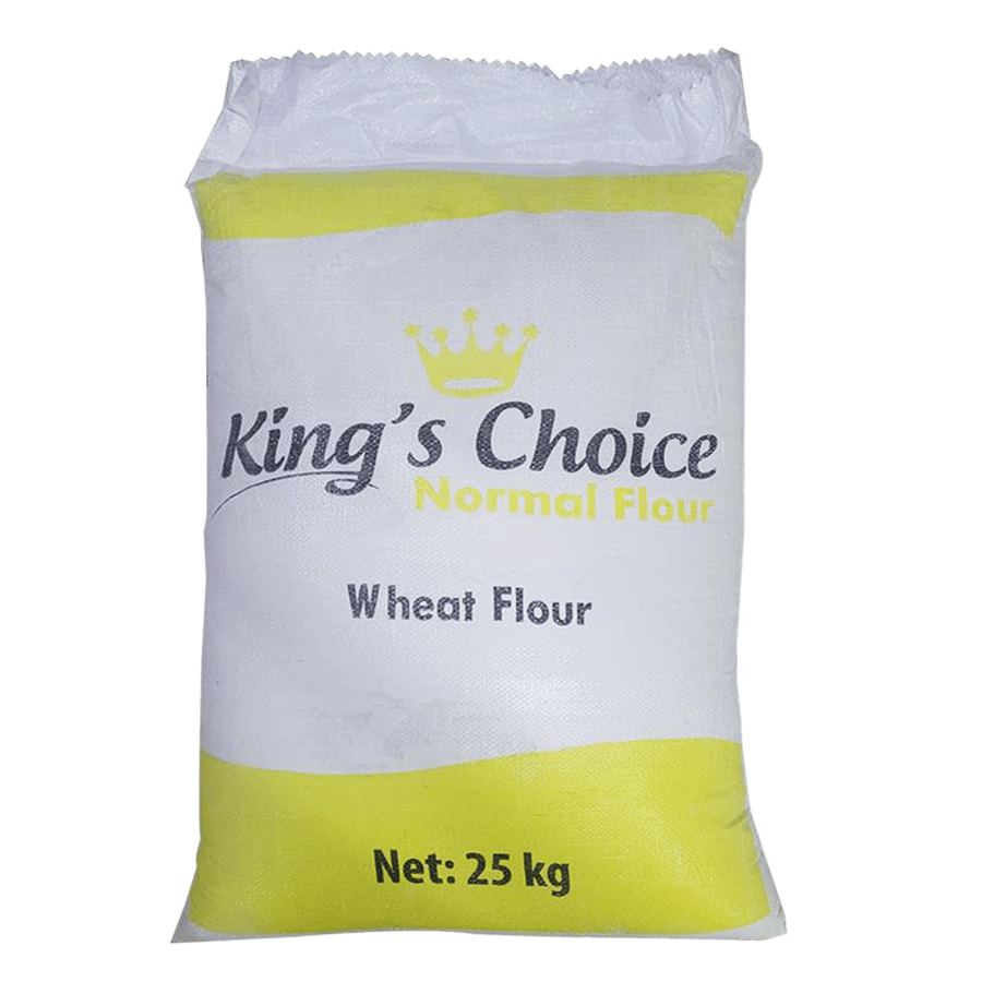 Bag of King's Choice Normal Flour with a yellow and white design on a black background