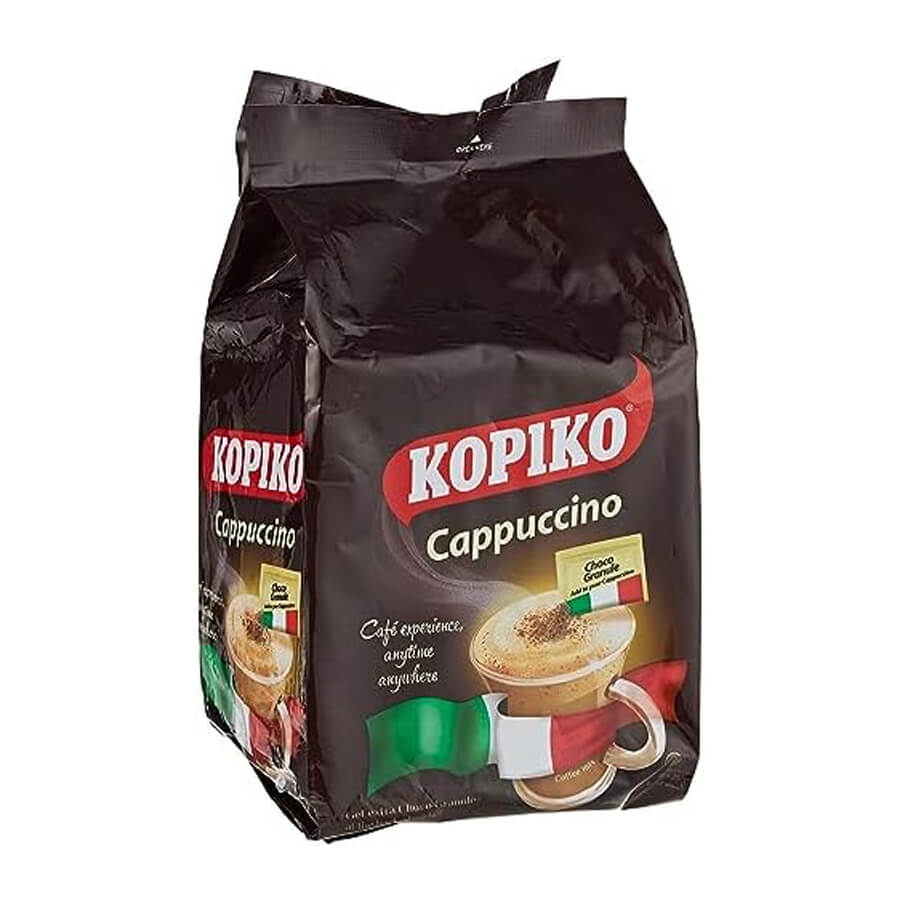 A package of Kopiko Cappuccino Coffee, showing a cup of cappuccino and the Italian flag, indicating possibly Italian-style coffee blend.