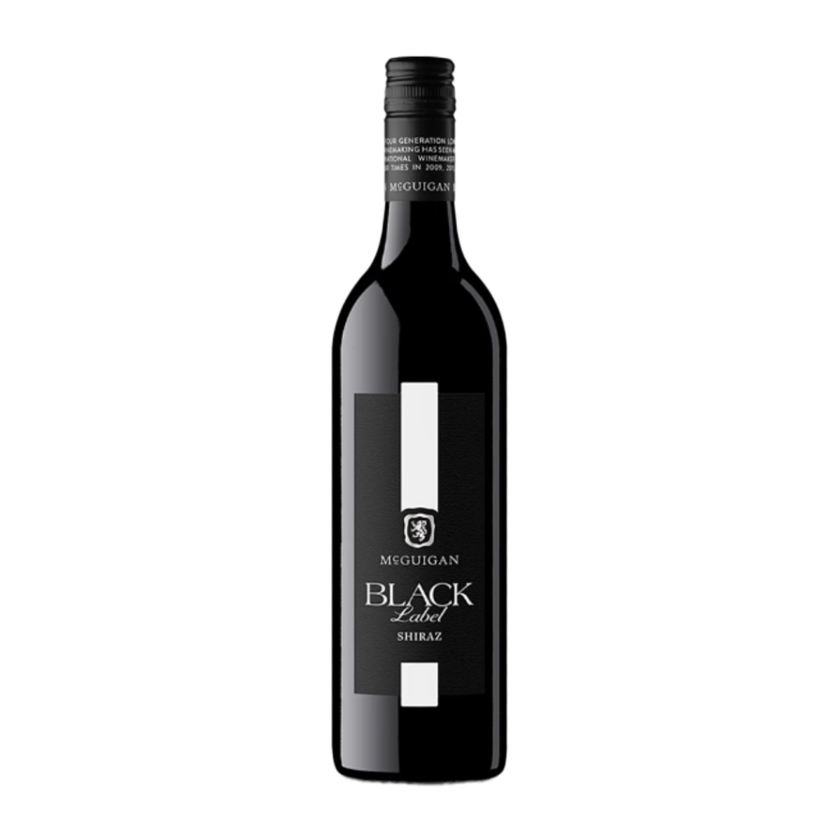A bottle of Mcguigan Wine B/Label Shiraz 750ml with a black label and white text.
