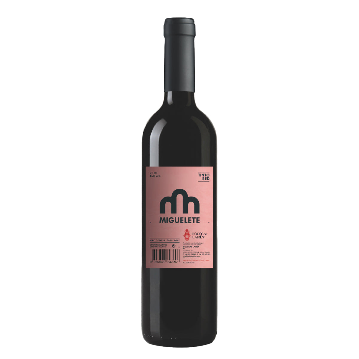 A bottle of Miguelete Red Wine with a pink label, 75CL size, on a plain background.