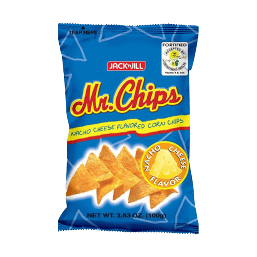 Packaging of Jack & Jill Mr. Chips nacho cheese flavored corn chips on a white background