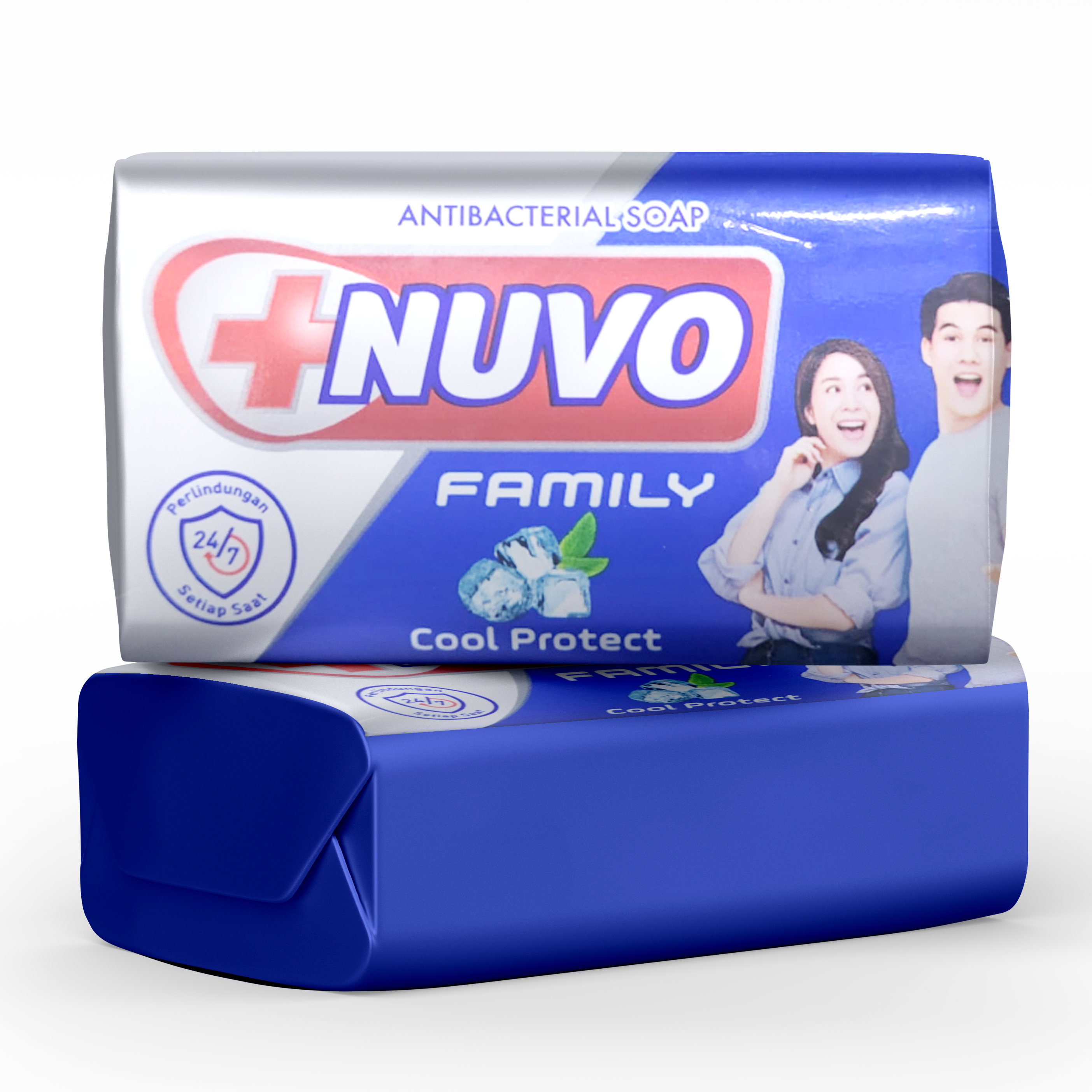 Pack of Nuvo Family Cool antibacterial soap with blue and white color scheme, featuring an image of a smiling family and the soap's cooling feature.