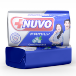 Pack of Nuvo Family Cool antibacterial soap with blue and white color scheme, featuring an image of a smiling family and the soap's cooling feature.