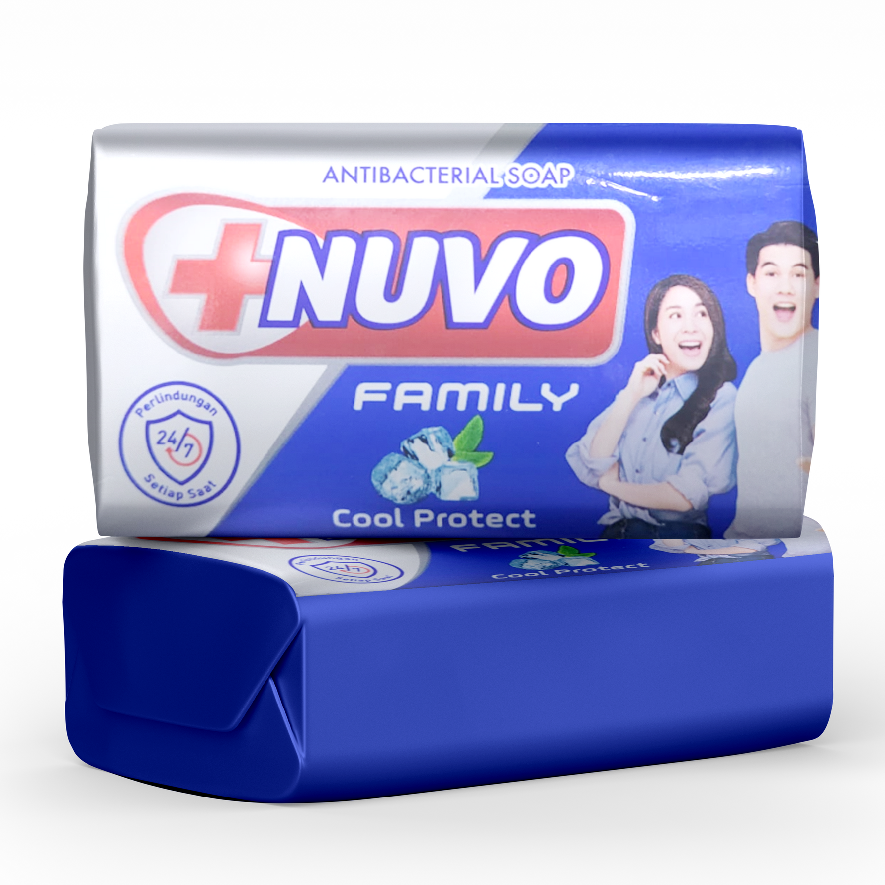 Pack of Nuvo Family Cool antibacterial soap with blue and white color scheme, featuring an image of a smiling family and the soap's cooling feature.