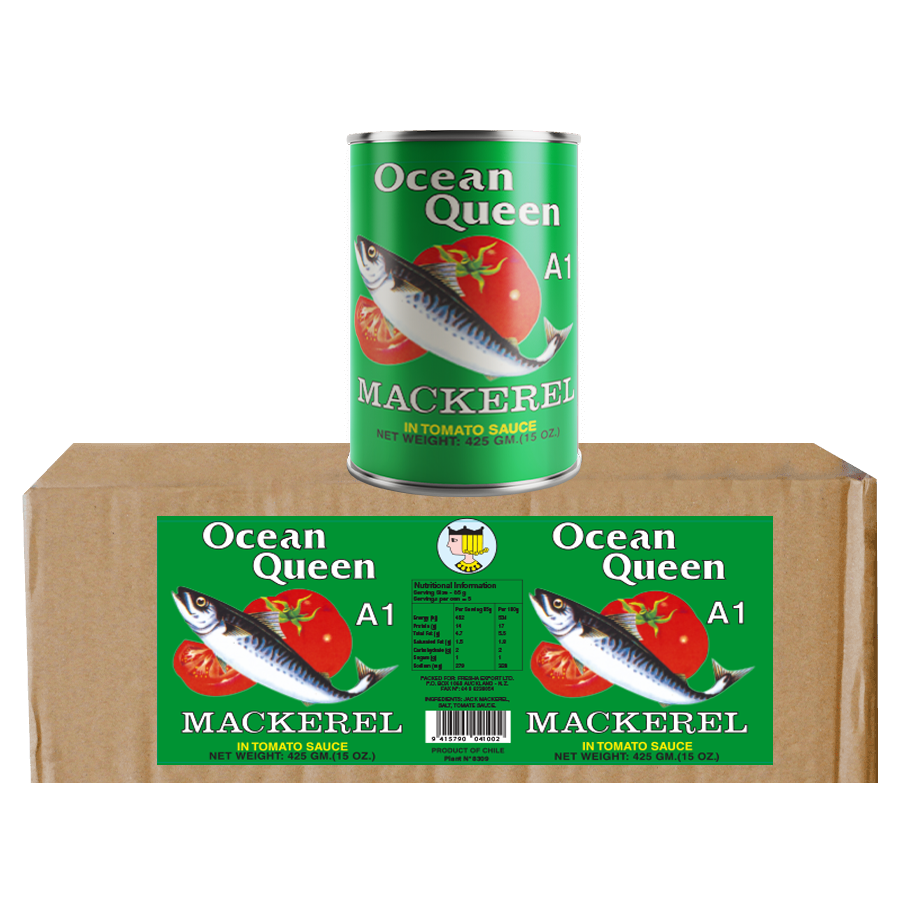 Can of Ocean Queen Mackerel in Tomato Sauce on a cardboard box with multiple labels.