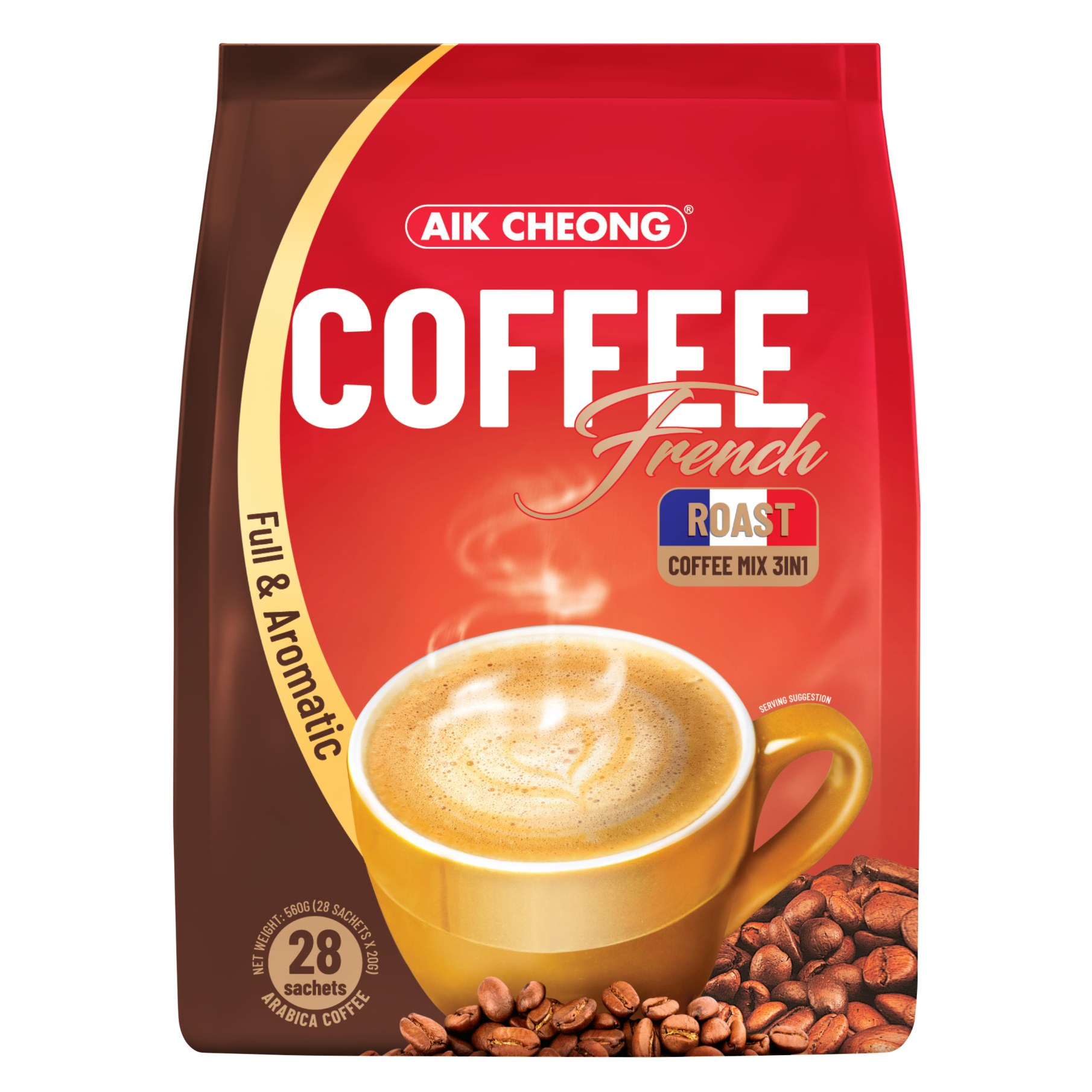 A pack of AIK French Roast Coffee Mix 3IN1 with a picture of a cup of coffee on the front, and text indicating the flavor and brand.