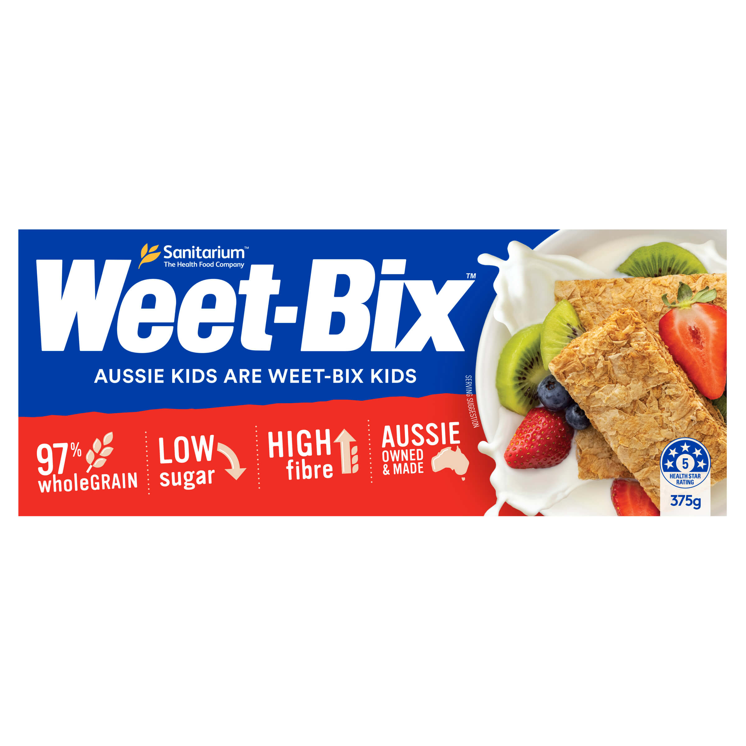 Weet-Bix cereal packaging with a bowl of cereal and fruit on a white background