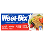 Weet-Bix cereal packaging with a bowl of cereal and fruit on a white background