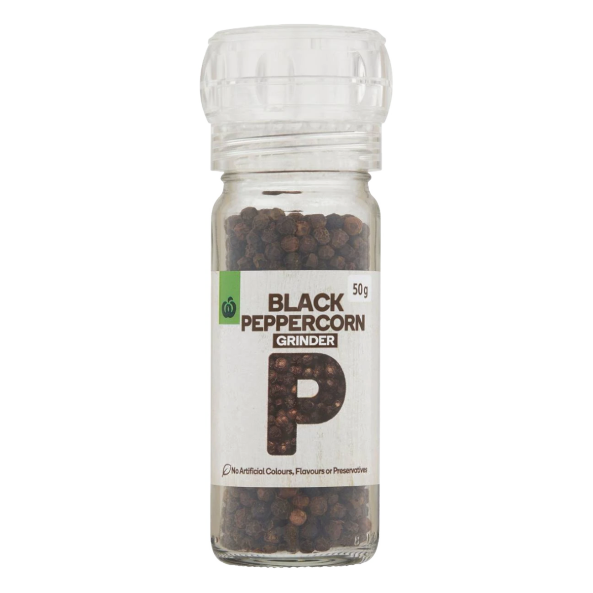 A clear plastic pepper grinder labeled 'Black Peppercorn' with a weight indication of 50g on the label.
