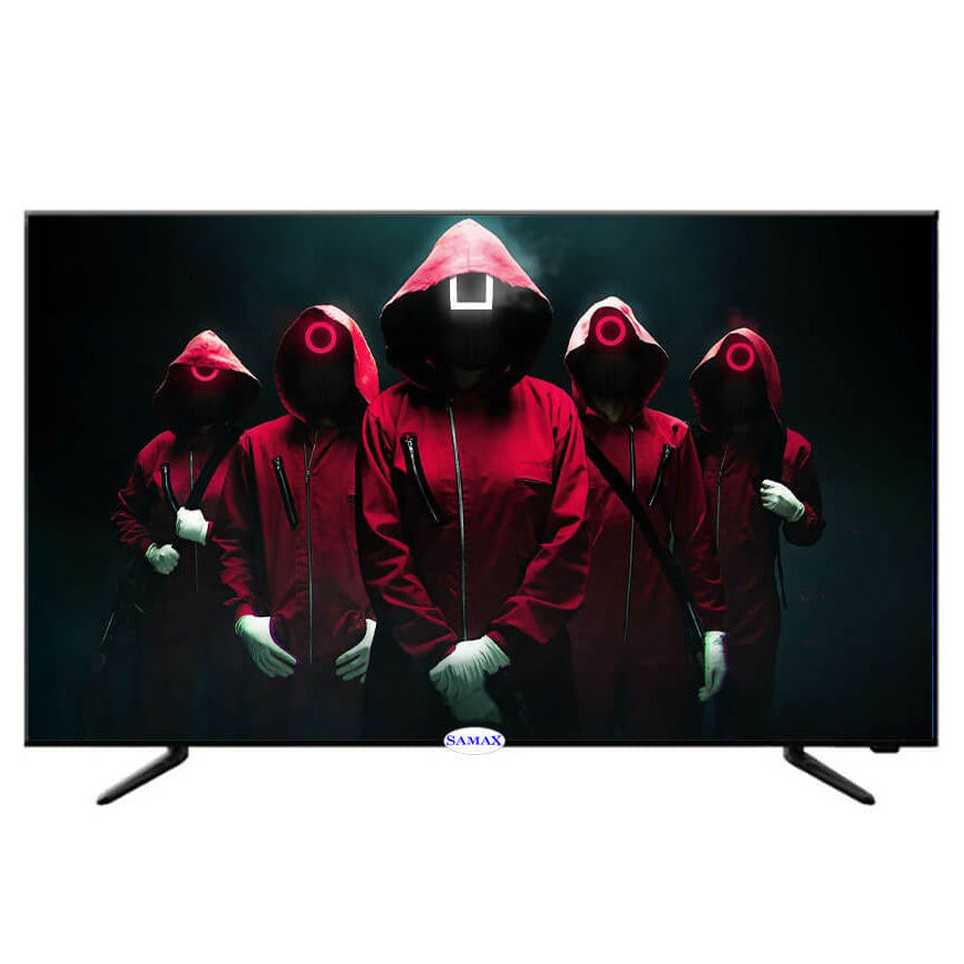 Television displaying an image of five people in red hoodies with a dark background