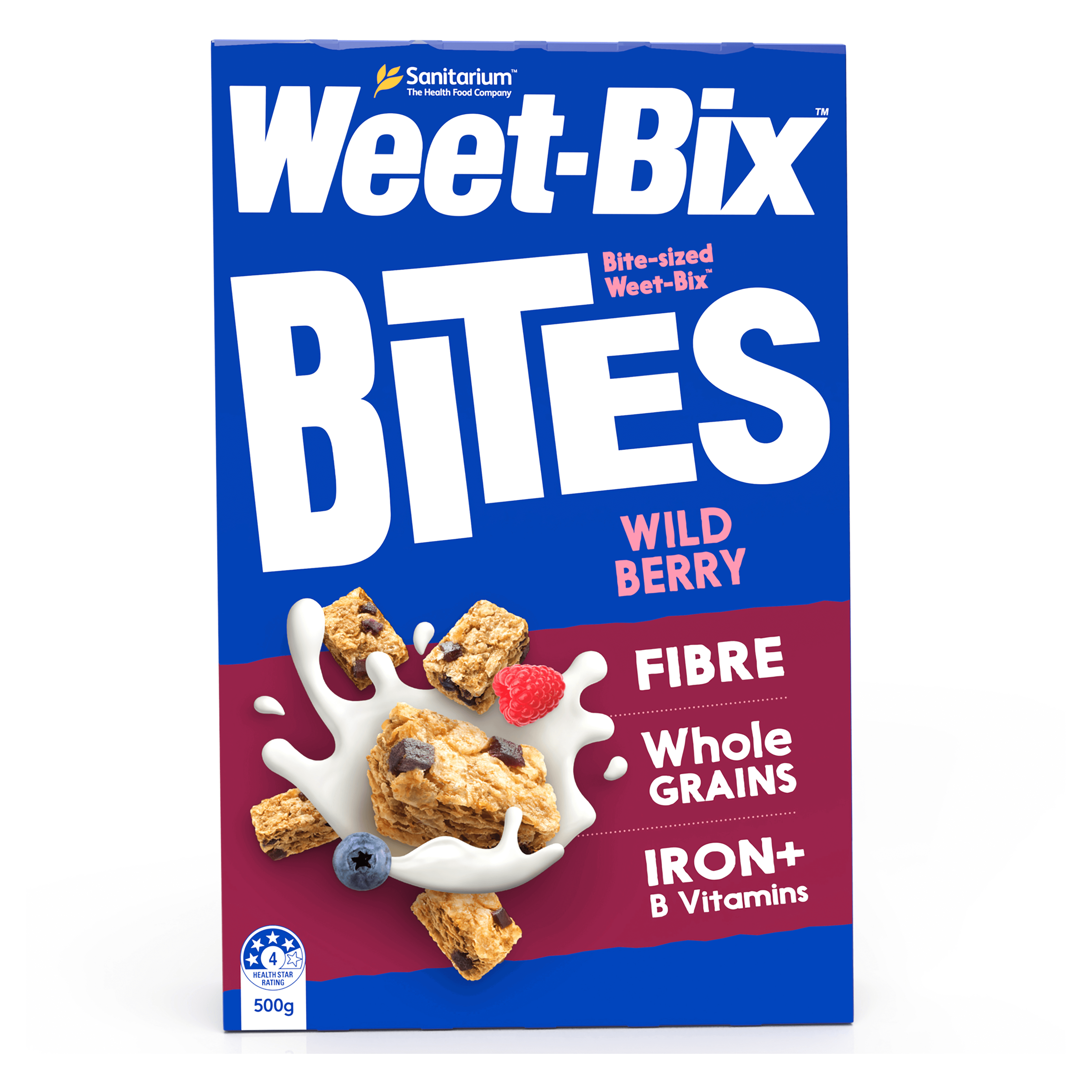 Box of Weet-Bix Bites Wild Berry cereal on a white background