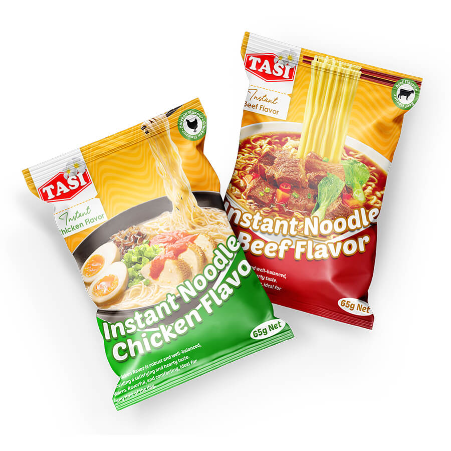 Two TASI instant noodle packages, one chicken flavor and one beef flavor, on a white background.