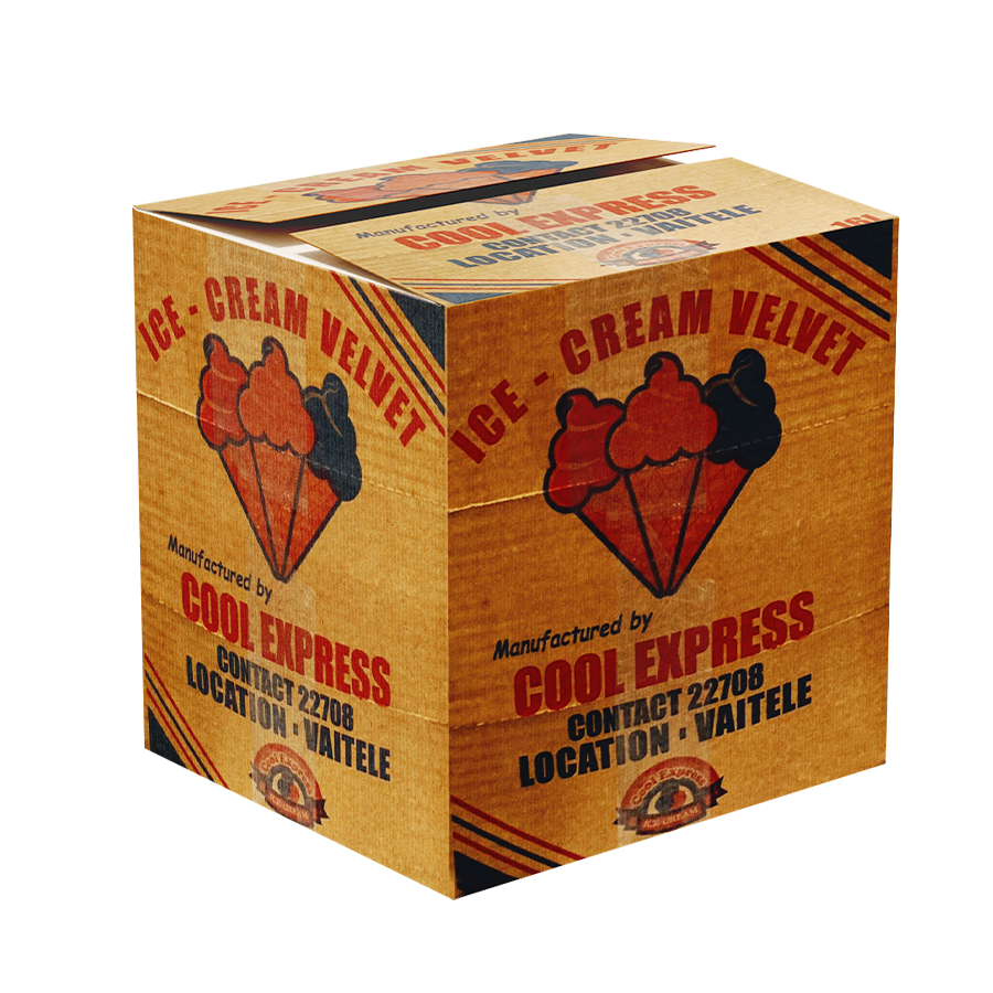 A 10L cardboard tub of Velvet Ice Cream with a graphic design and text indicating the flavor by choice, manufactured by Cool Express.