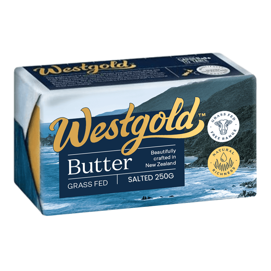 Westgold butter packaging with scenic design on a black background