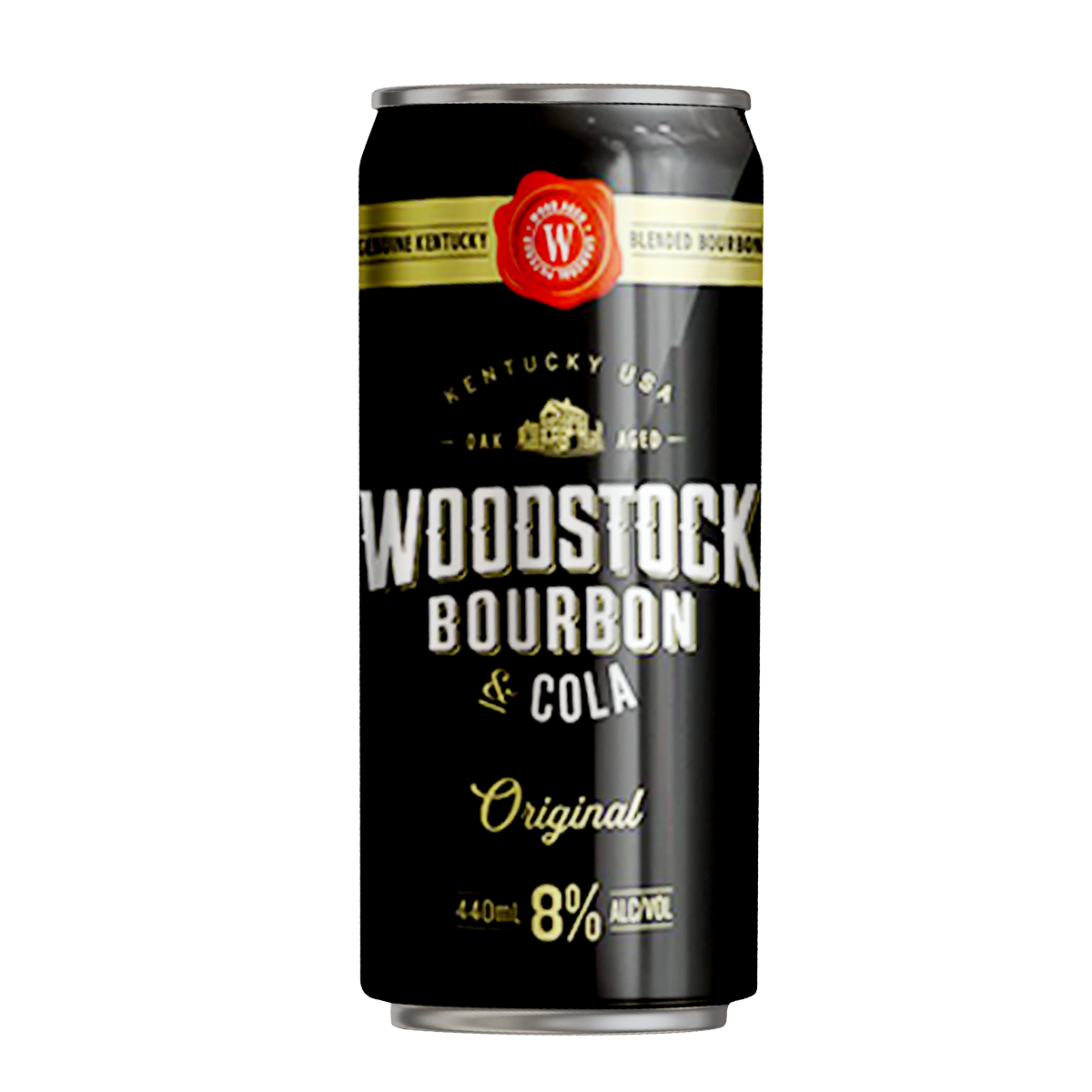 A can of Woodstock Bourbon Cola with the text 'Kentucky USA', 'Woodstock Bourbon & Cola', and 'Original' visible on the label, indicating it is a ready-to-drink alcoholic beverage.