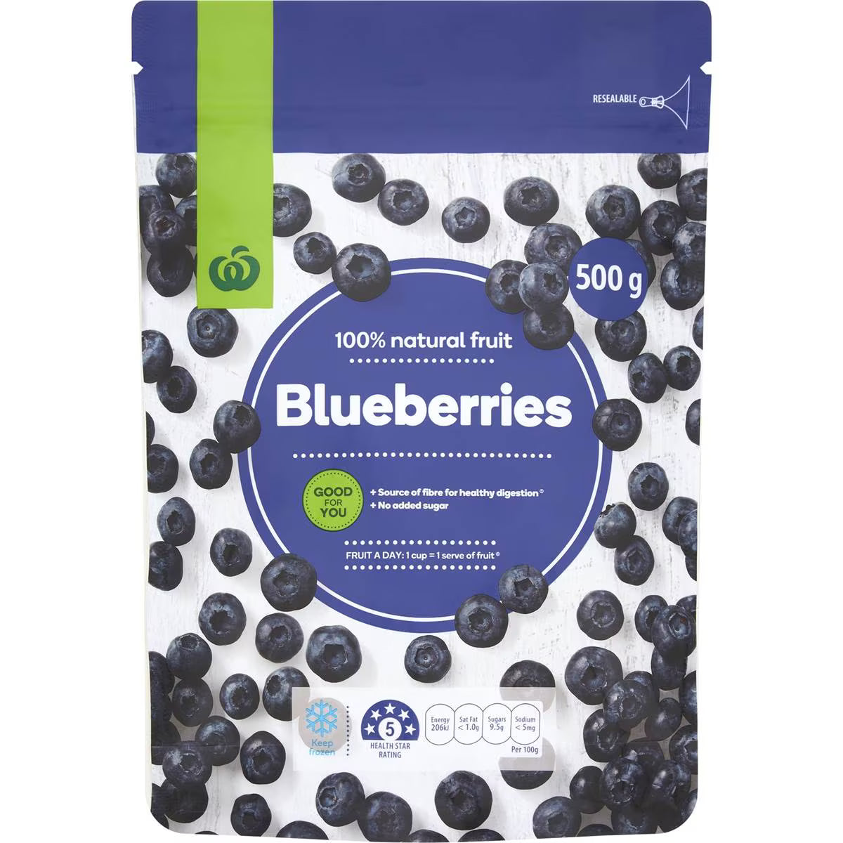 Packaging of blueberries with a visible brand logo on a white background