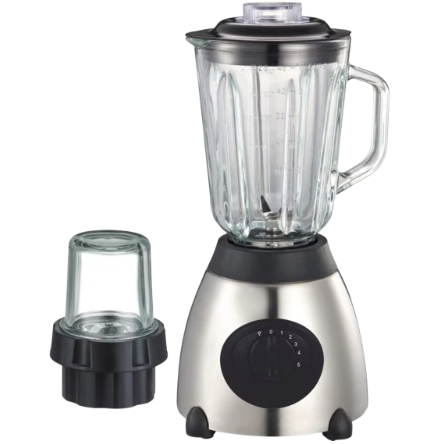 A silver 2In1 Blender KD-666 with a black power button, standing upright next to its blending pitcher.