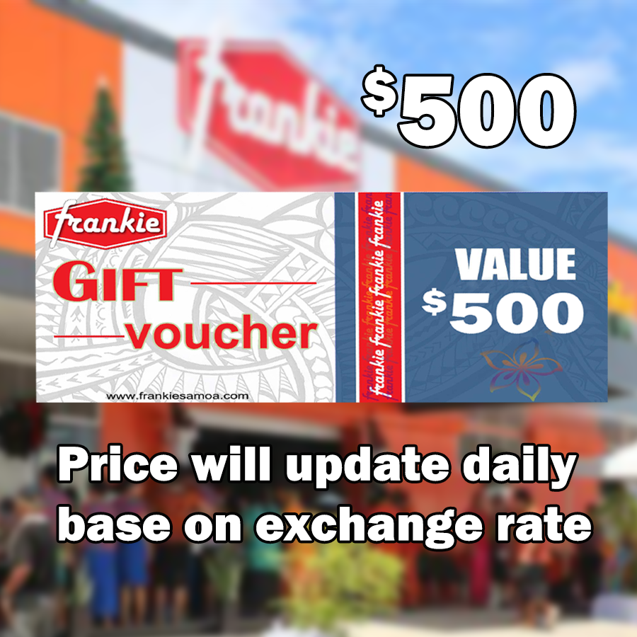 A $500 Frankie gift voucher with a red and white color scheme, featuring the Frankie logo and a counter for tendering value.
