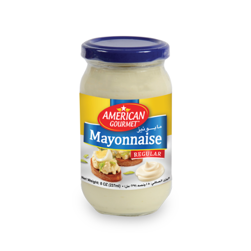 A jar of American Gourmet regular mayonnaise, 8Oz size, with a blue lid on a plain background.