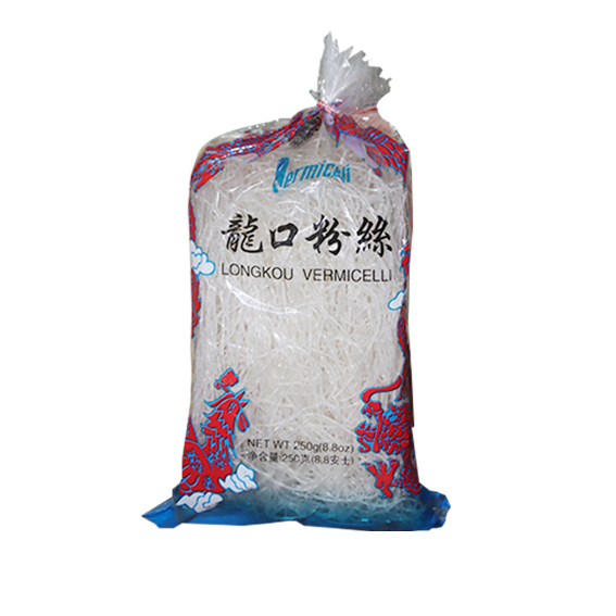 Packaged Bella B/Beans Vermicelli noodles in a transparent plastic bag with blue and red decorative elements, labeled in Chinese and English.