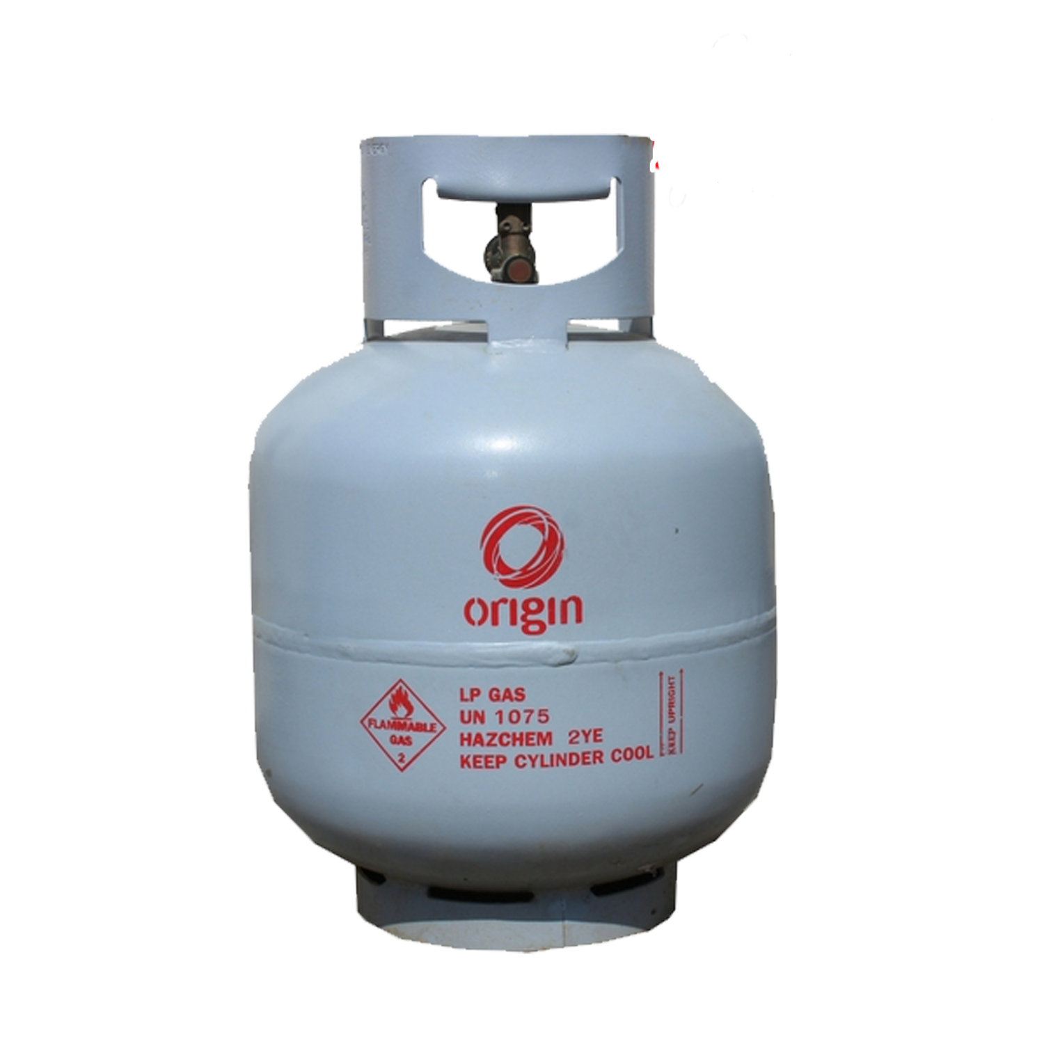 A blue Origin gas bottle with red and white labeling, indicating it is a 9kg LP gas container.