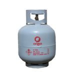 A blue Origin gas bottle with red and white labeling, indicating it is a 9kg LP gas container.